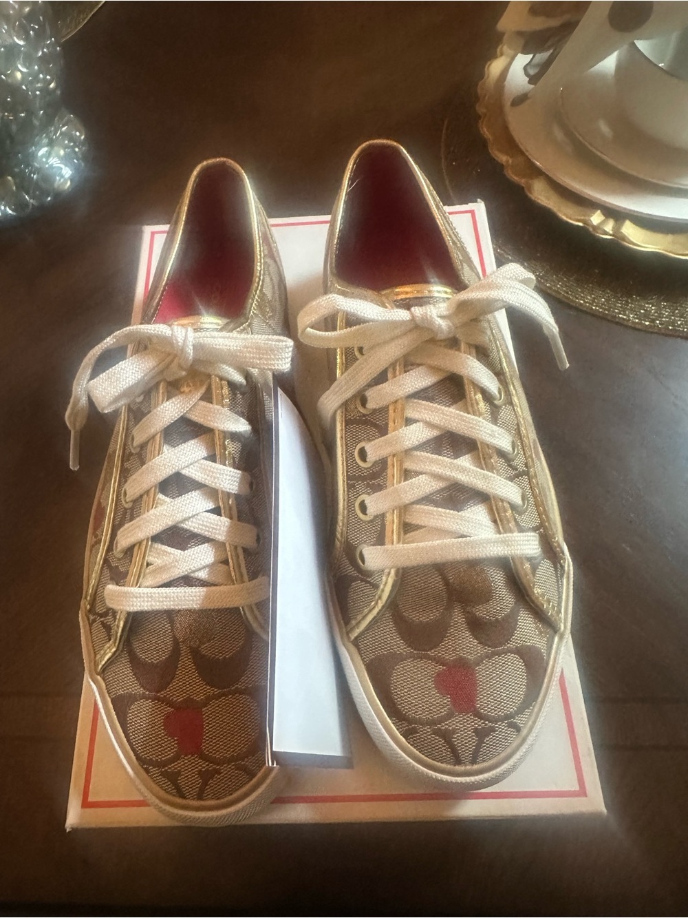 Slightly Worn Size 8Coach Beige Signature Canvas Sneakers with Red Heart Accents - Picture 3 of 8